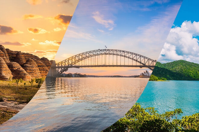 Split view of Bungle Bungle Range, Sydney Harbour Bridge, Cape Tribulation